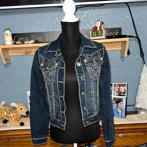 L.A. Idol Dark Blue Jean Jacket with Gold Stitching
